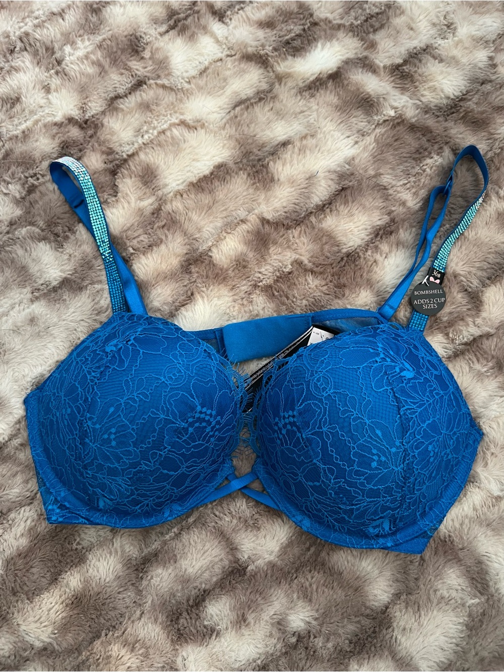 Victoria’s Secret Bombshell Push-Up Bra 36B Blue Lace Underwire Rhinestone Strap
